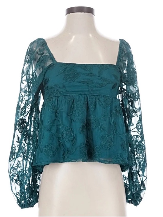 Altar'd State Tops - Altar'd State Teal Lace-Embroidered Square Neck Peplum Blouse